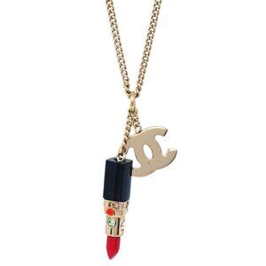 Chanel Lipstick Gold CC Pendant Necklace Rhinestone 04A 185040